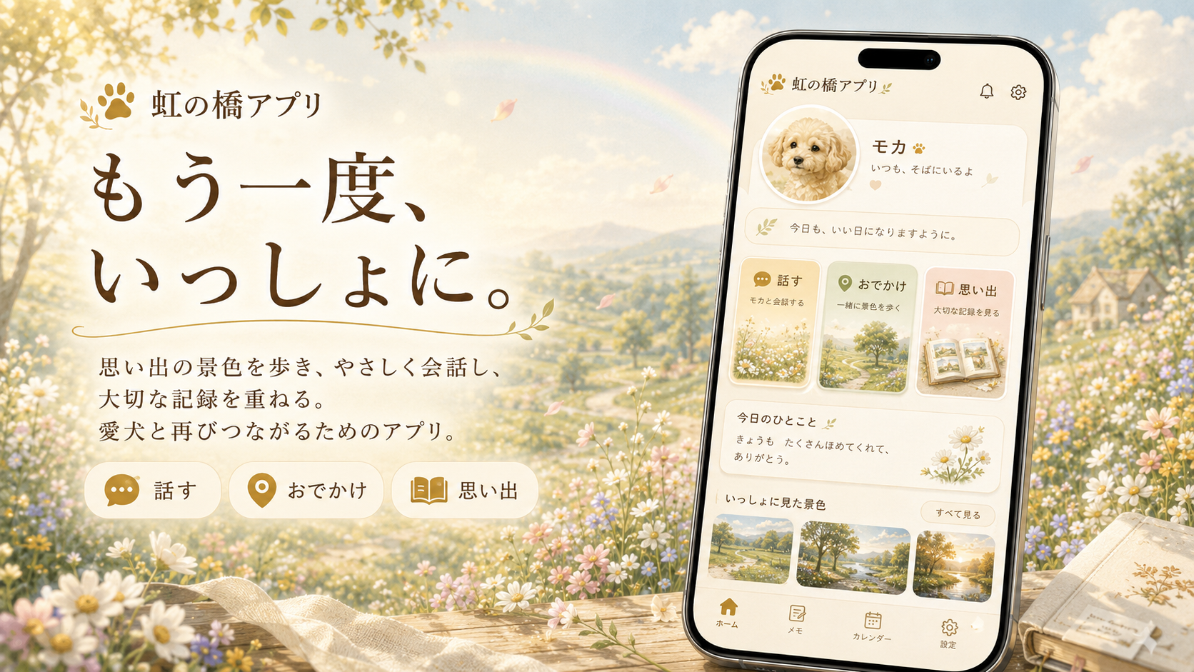 虹の橋アプリのアプリ画面イメージ。愛犬と再びつながる体験型アプリの画面