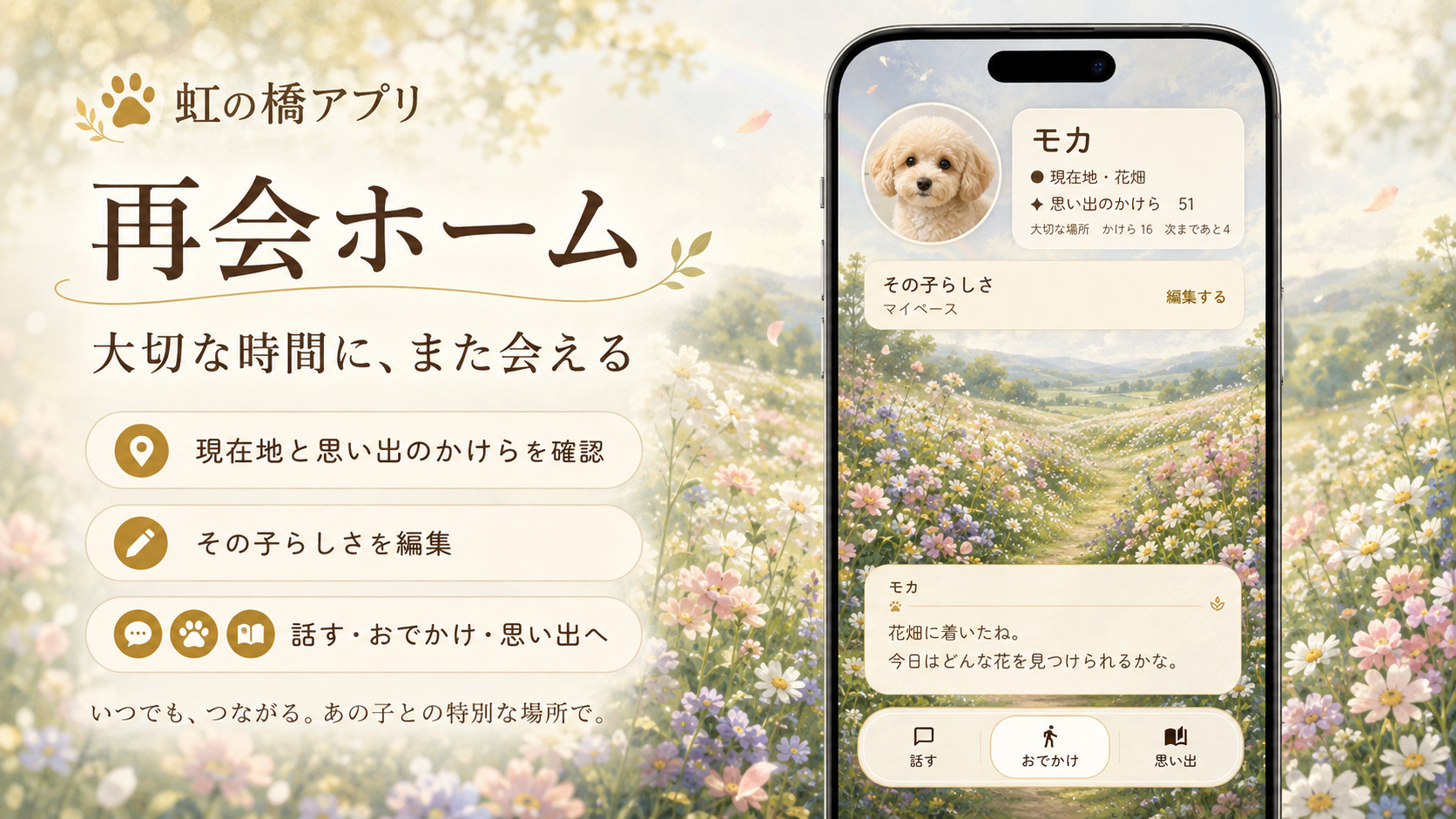 虹の橋アプリの再会ホーム画面。愛犬の現在地や思い出のかけらの数、話す・おでかけ・思い出への導線が表示されている
