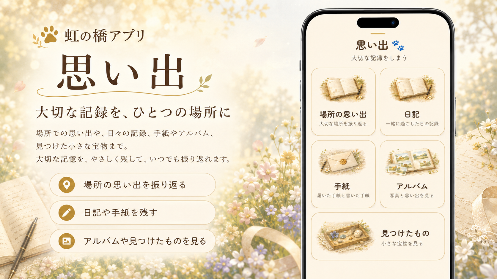 虹の橋アプリの思い出画面。場所の思い出、日記、手紙、アルバム、見つけたものへのメニューが並ぶ
