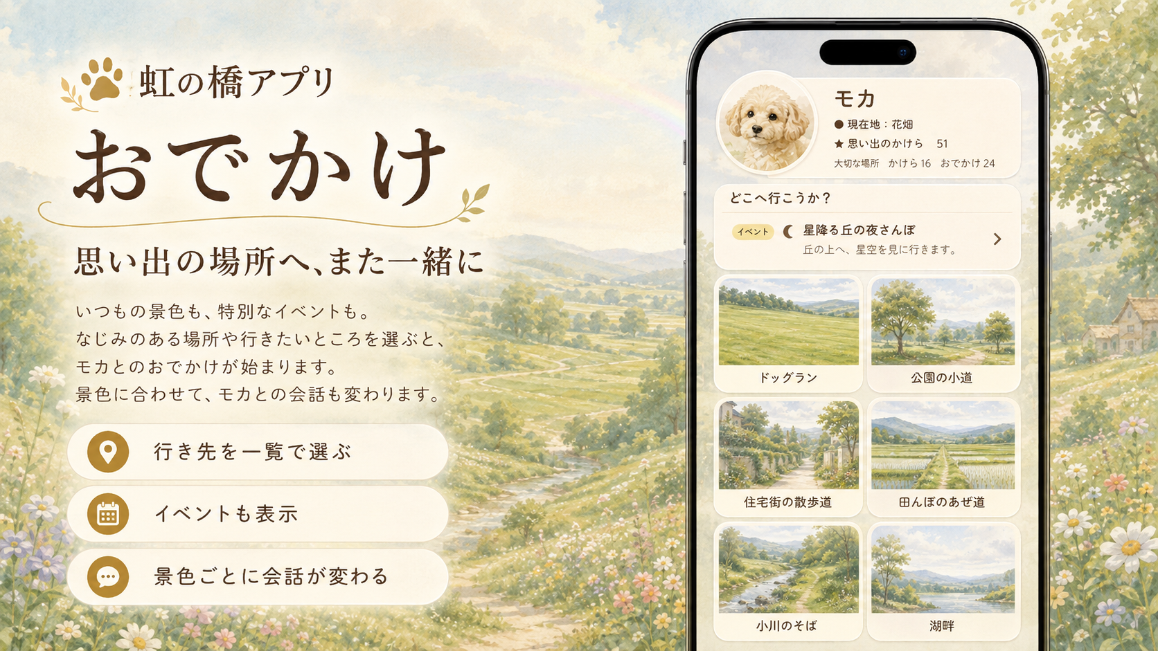 虹の橋アプリのおでかけ画面。花畑、ドッグラン、公園、湖畔など選べる場所の一覧が表示されている